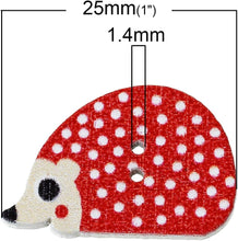 Load image into Gallery viewer, 10 Randomly Mixed Colours Hedgehog Design Wooden Sewing Buttons 25mm x 16mm. Ideal for Children and Baby wear. Craft and Scrapbook