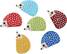 Load image into Gallery viewer, 10 Randomly Mixed Colours Hedgehog Design Wooden Sewing Buttons 25mm x 16mm. Ideal for Children and Baby wear. Craft and Scrapbook