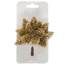 Load image into Gallery viewer, Glitter Pinecones on Wire: 1 Bunches of 12: Gold wired glitter pinecones