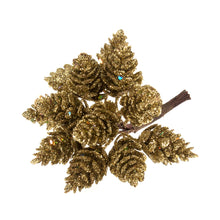 Load image into Gallery viewer, Glitter Pinecones on Wire: 1 Bunches of 12: Gold wired glitter pinecones