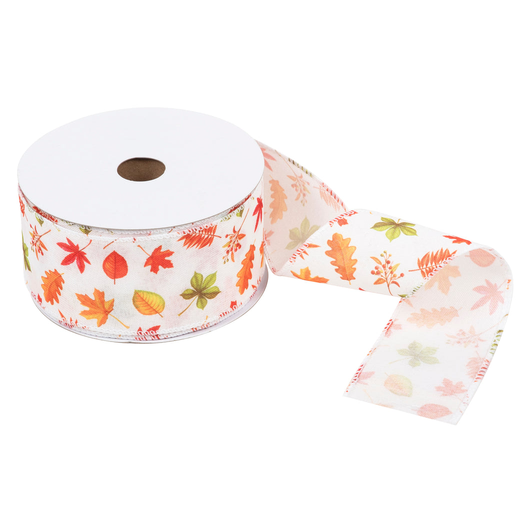 Full roll of Premium Wire Edge Ribbon: Printed: 25m x 63mm: Leaves Bulk Buy