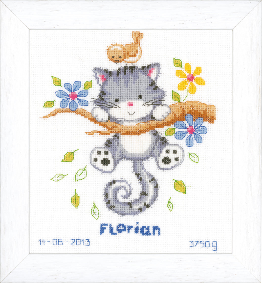 Counted Cross Stitch Kit: Birth Record: Kitten