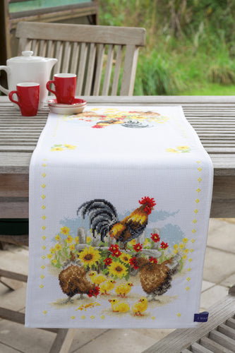 Counted Cross Stitch Kit: Table Runner: Chickens in Flowers