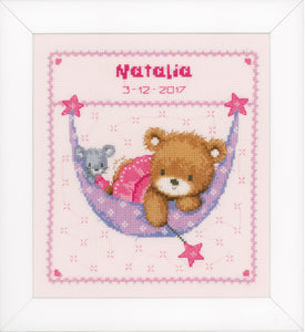 Counted Cross Stitch Kit: Birth Record: Little Bear in Hammock (Pink)