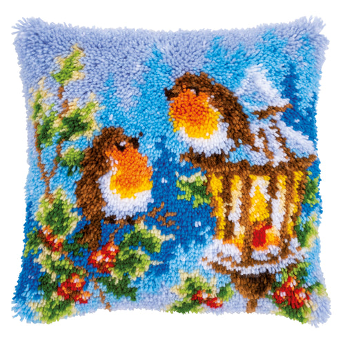 Latch Hook Kit: Cushion: Robins with Christmas