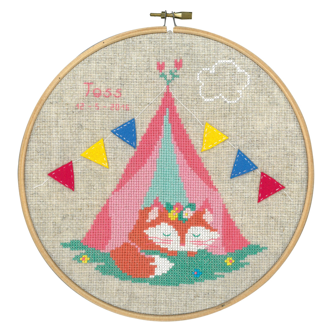 Counted Cross Stitch Kit: Birth Record: Lief! Small Fox in Tent