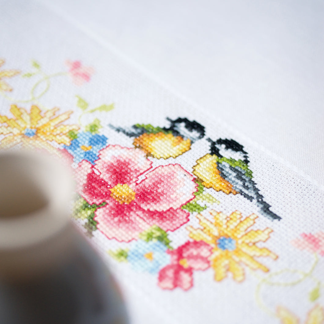 Counted Cross Stitch Kit: Tablecloth: Tits & Spring Flowers