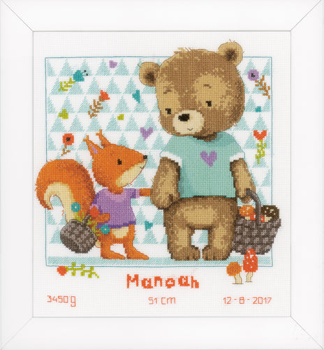 Counted Cross Stitch Kit: Birth Record: Bear and Squirrel