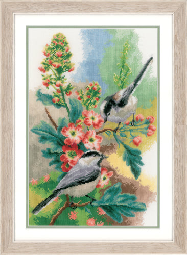 Counted Cross Stitch Kit: Chickadees & Blossoms