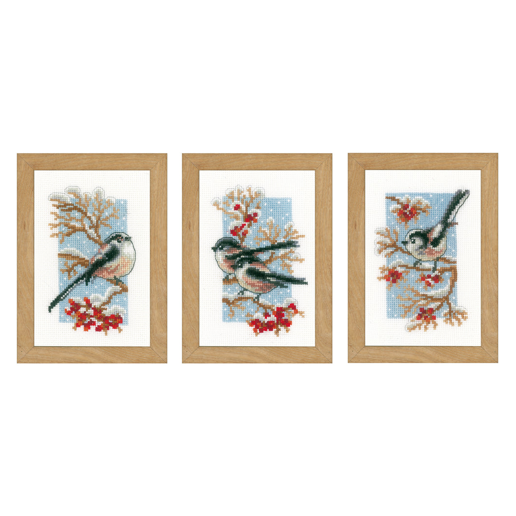 Counted Cross Stitch Kit: Long-Tailed Tits & Red Berries: Set of 3