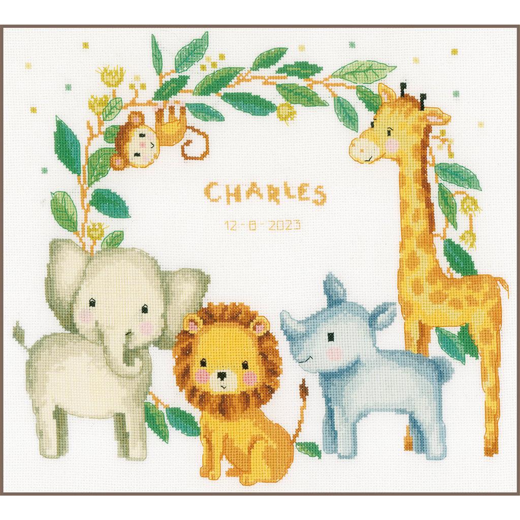 Counted Cross Stitch Kit: Birth Record: Jungle Animals