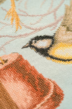 Load image into Gallery viewer, Counted Cross Stitch Kit: Neighbourhood Meeting - bird table feeding station by Lanarte