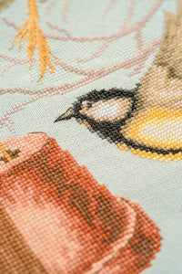 Counted Cross Stitch Kit: Neighbourhood Meeting - bird table feeding station by Lanarte