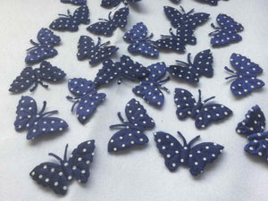 Pack of 25 Blue and White Polka dot fabric butterfly embellishments, 4cm