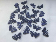 Load image into Gallery viewer, Pack of 25 Blue and White Polka dot fabric butterfly embellishments, 4cm