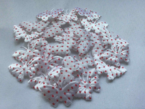 Pack of 25 White and Red Polka dot fabric butterfly embellishments, 4cm