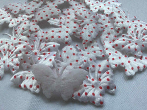 Pack of 25 White and Red Polka dot fabric butterfly embellishments, 4cm