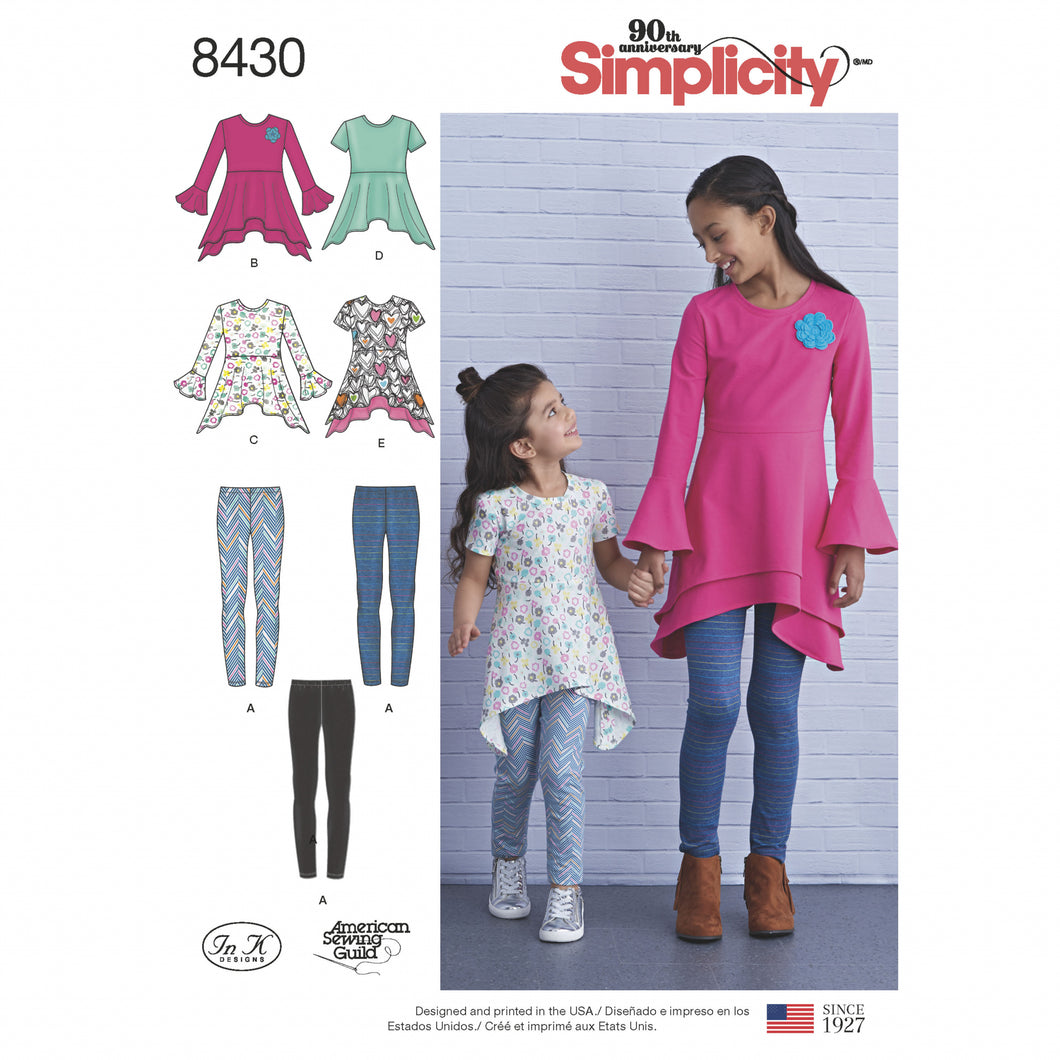 Simplicity Sewing Pattern 8430 Child & Girls Knit Tunics in Two Lengths & Leggings