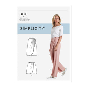 Simplicity Sewing Pattern S9111 Misses' Faux Wrap trousers, Skirt & Shorts