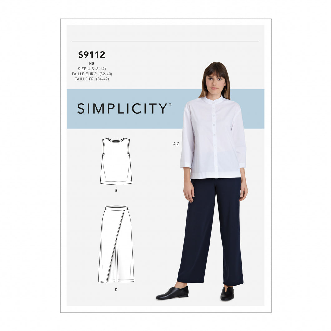 Simplicity Sewing Pattern S9112 Misses' Button Down Top, Shell Top & Trousers