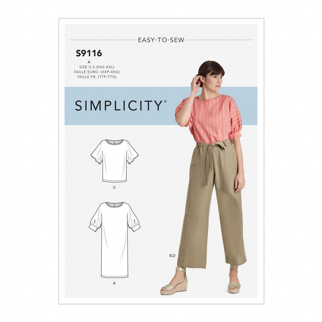 Simplicity Sewing Pattern S9116 Misses' Dress, Tops & Trousers With Tie Belt